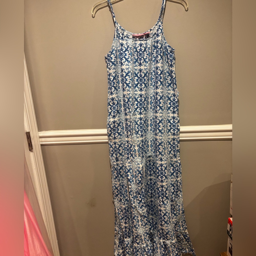 Women's Blue & White Patterned Maxi Dress Brand Isaac Micah's NY Size S …